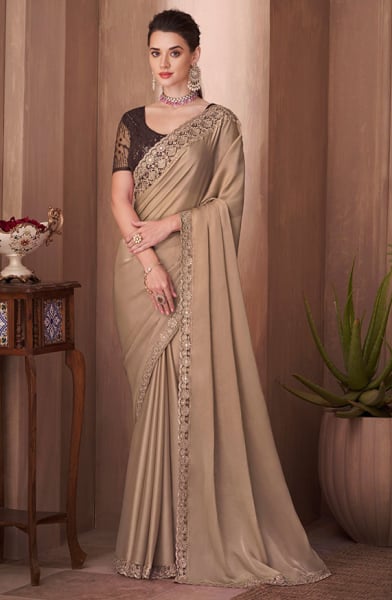 Khaki Brown Silk Saree with Embroidered Blouse