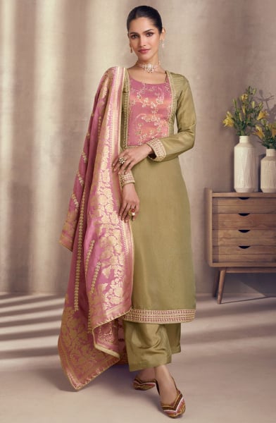 Khaki Embroidered Shimmer Silk Readymade Suit