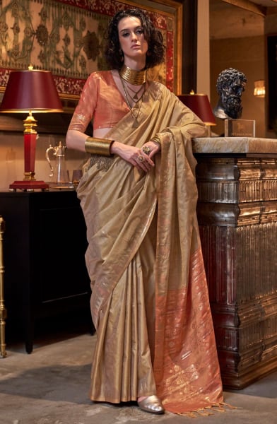 Khaki Handloom Weaving Tussar Silk Saree