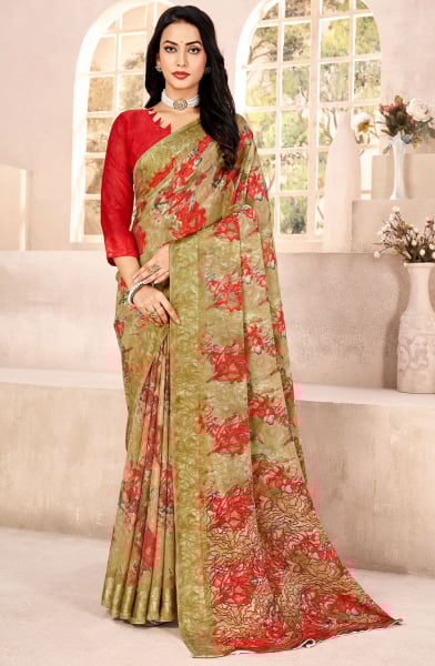 Khaki Printed Chiffon Saree with Satin Border