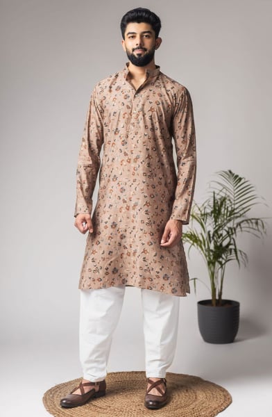 Khaki Printed Modal Silk Kurta Set