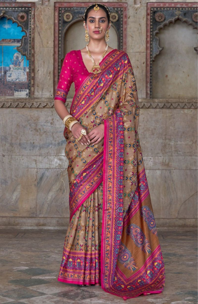 Khaki Viscose Silk Saree with Patola Print
