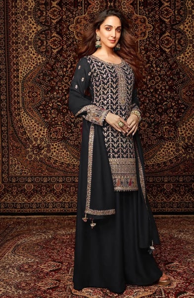 Kiara Advani Black Embroidered Chinnon Palazzo Kameez