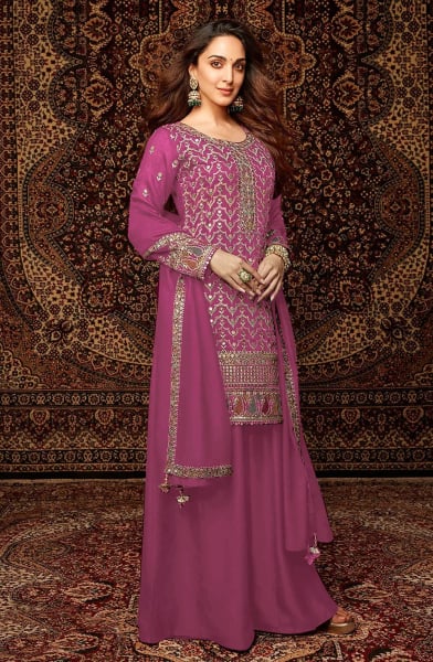 Kiara Advani Gajari Pink Embroidered Chinnon Palazzo Kameez