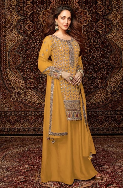 Kiara Advani Mustard Embroidered Chinnon Palazzo Kameez