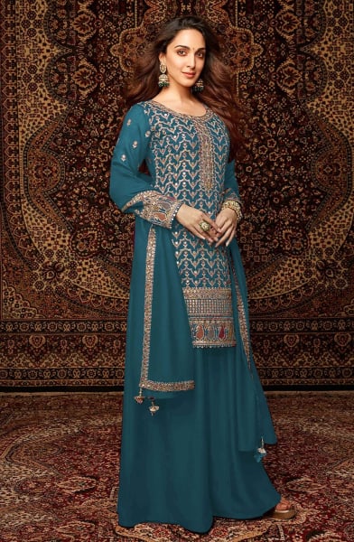 Kiara Advani Peacock Blue Embroidered Chinnon Palazzo Kameez