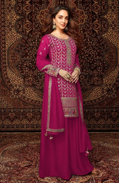 Kiara Advani Raspberry Pink Embroidered Chinnon Palazzo Kameez