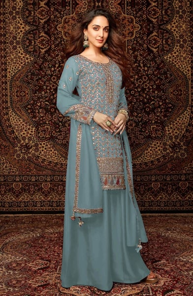 Kiara Advani Steel Blue Embroidered Chinnon Palazzo Kameez