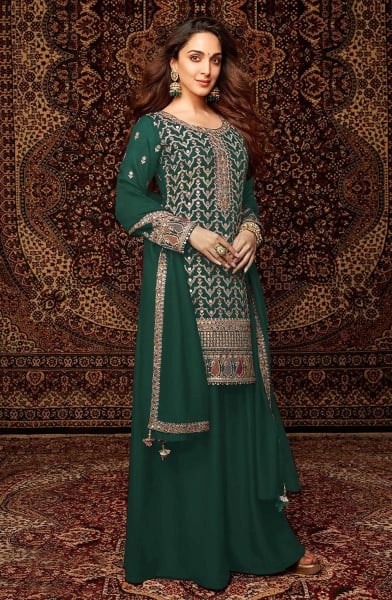 Kiara Advani Teal Green Embroidered Chinnon Palazzo Kameez