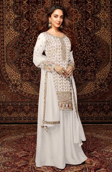 Kiara Advani White Embroidered Chinnon Palazzo Kameez