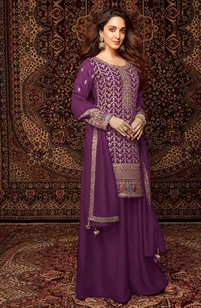 Kiara Advani Wine Embroidered Chinnon Palazzo Kameez