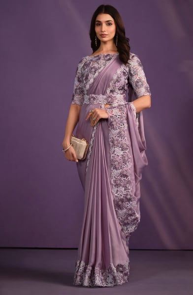 Lavender Crepe Satin Silk Ready to Wear Saree
