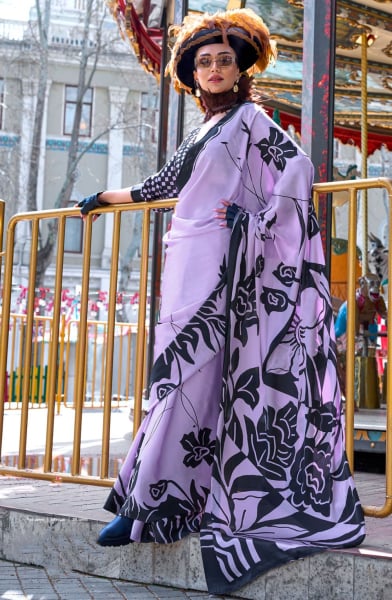 Lavender Digital Print Satin Crepe Saree