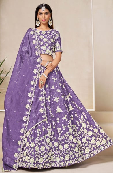 Lavender Embroidered Crush Organza Lehenga Choli