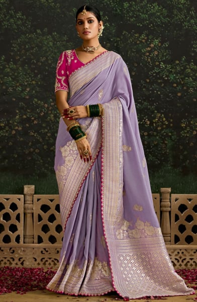 Lavender Embroidered Dola Silk Designer Saree