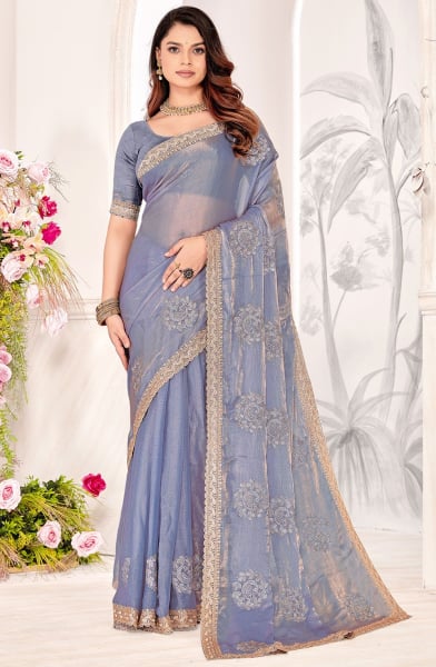 Lavender Embroidered Fendi Silk Saree