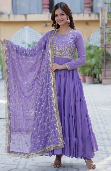Lavender Embroidered Georgette Anarkali Gown with Dupatta