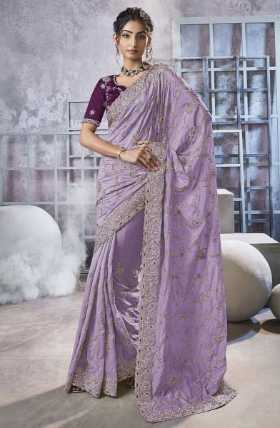 Lavender Embroidered Georgette Designer Saree