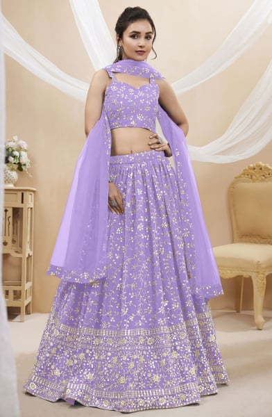 Lavender Embroidered Georgette Lehenga Choli for Ceremonial