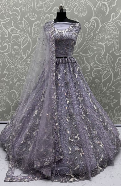 Lavender Embroidered Net Bridal Lehenga Choli