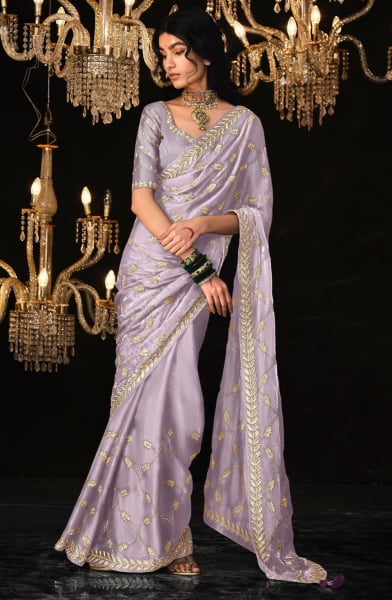 Lavender Embroidered Tissue Silk Designer Saree