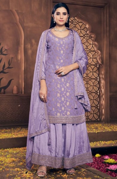 Lavender Embroidered Viscose Chinnon Jacquard Palazzo Kameez