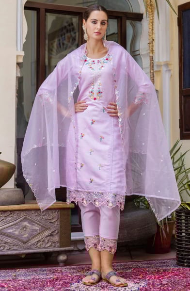 Lavender Embroidered Viscose Roman Silk Readymade Suit