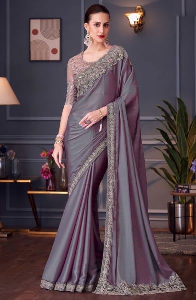 Lavender Grey Embroidered Chiffon Silk Designer Saree