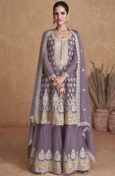 Lavender Grey Embroidered Georgette Palazzo Kameez for Festival