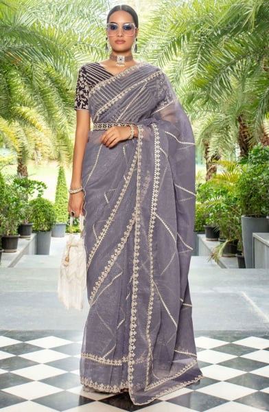 Lavender Grey Organza Saree with Embroidered Blouse