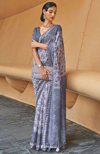 Lavender Grey Printed Cotton Party Wear Saree