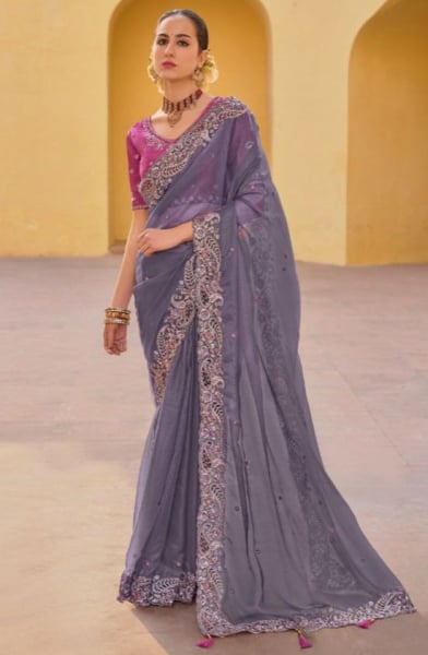 Lavender Grey Tissue Organza Silk Designer Saree