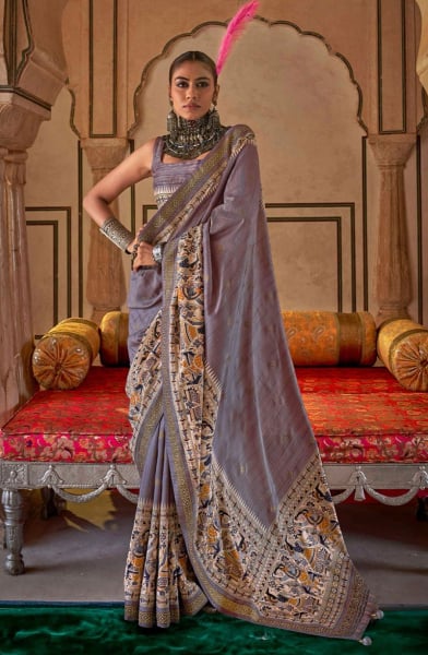 Lavender Grey Viscose Silk Saree for Festival
