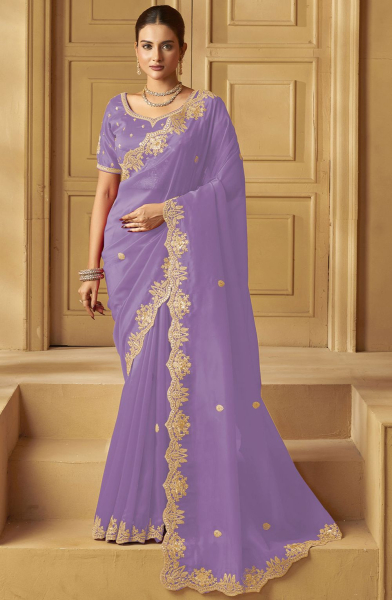 Lavender Heavy Organza Embroidered Saree for Ceremonial
