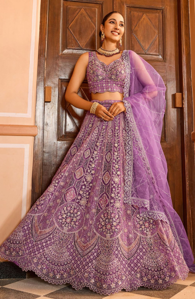 Lavender Net Heavy Embroidered Lehenga Choli for Wedding