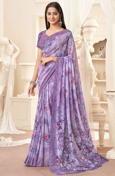 Lavender Printed Georgette Casual Wear Saree