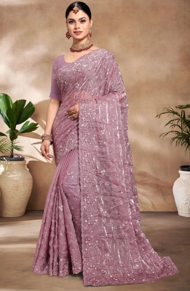 lavender Resham and Sequins Embroidered Party Wear Saree