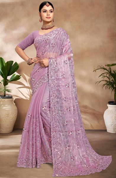 Lavender Resham and Sequins Embroidered Party Wear Saree