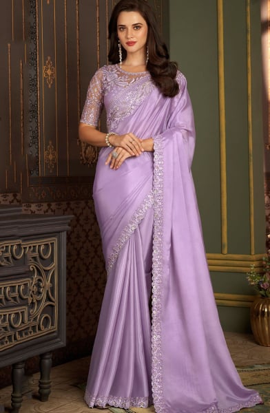Lavender Silk Saree with Embroidered Blouse