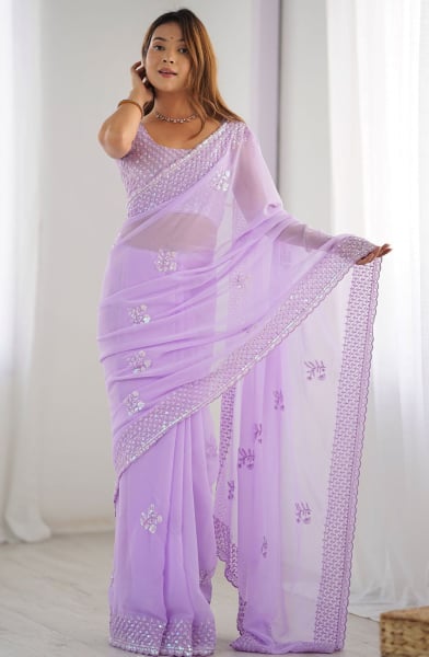 Lavender Thread Embroidered Georgette Saree