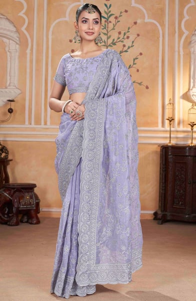 Lavender Thread Embroidered Saree for Ceremonial