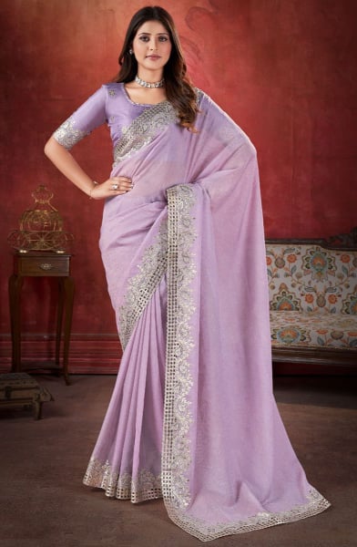 Lavender Zari Cut Work Crushed Silk Saree