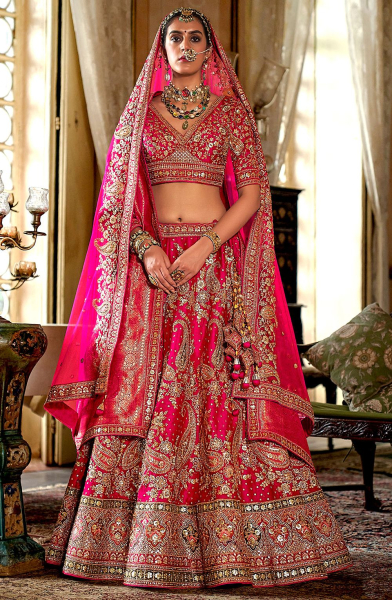 Sabyasachi Inspired Hot Red Embroidered Silk Bridal Lehenga Choli