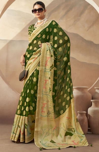 Leaf Green Viscose Georgette Saree for Ceremonial