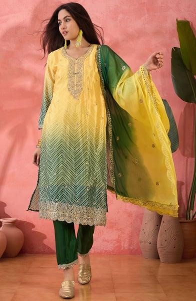 Lemon Yellow and Forest Green Embroidered Chinnon Silk Readymade Suit