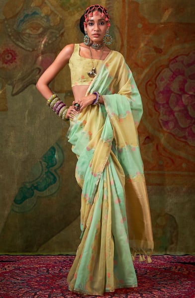 Lemon Yellow and Mint Green Pure Spun Rangkaat Weaving Saree