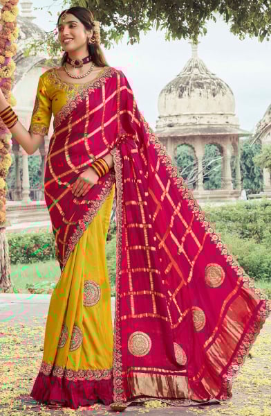 Lemon Yellow and Rani Pink Embroidered Silk Designer Saree