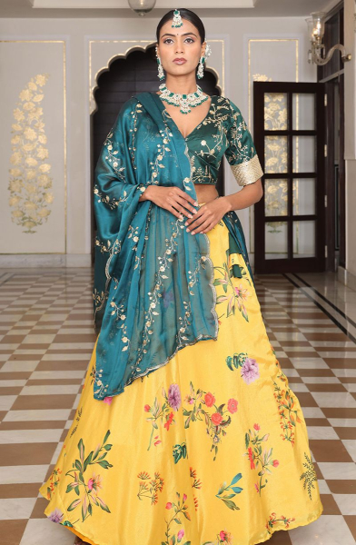Lemon Yellow Chinnon Lehenga Choli for Ceremonial