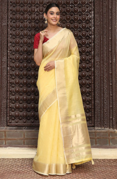 Lemon Yellow Cotton Saree with Zari Weaving
