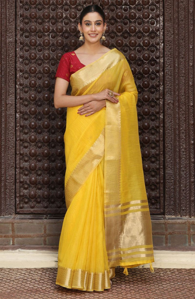 Lemon Yellow Cotton Saree with Zari Weaving